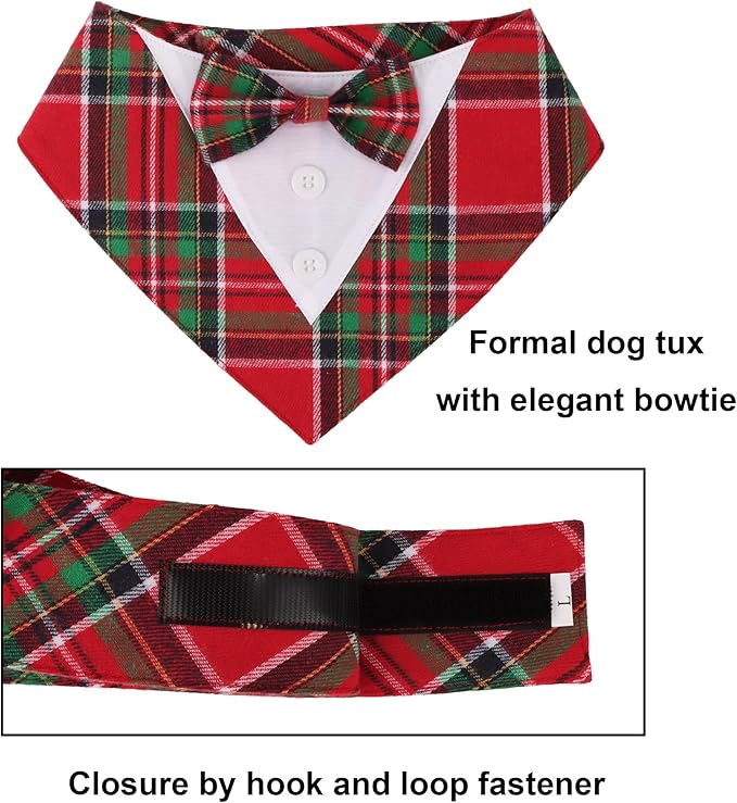 ADOGGYGO Christmas Dog Tuxedo Bandana, Red Green Plaid Pet Xmas Collar with Bow, Adjustable Christmas Costume for Medium Dogs (M)