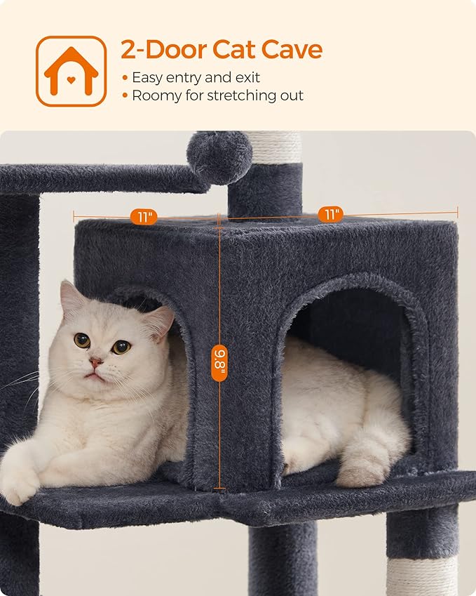 Feandrea Cat Tree, 44.1-Inch Cat Tower for Indoor Cats, Multi-Level Cat Condo with 4 Scratching Posts, 2 Perches, Hammock, Cave, Smoky Gray UPCT261G01