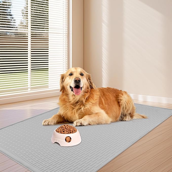 Dog Food Mat, Extra Large 34" x 22" Silicone Pet Feeding Mat with Raised Edge Pet Placemat for Small, Medium, and Large Pets Non-Slip, Easy to Clean (Light Grey)