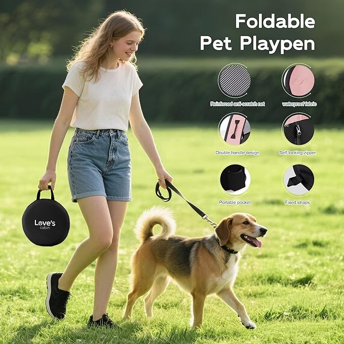 Love's cabin Pet Puppy Dog Playpen, Large Dog Tent Crates Cage Indoor/Outdoor, Portable Exercise Playpen for Cat, Foldable Pop Up Dog Kennel Playpen with Carring Case (L, Pink)