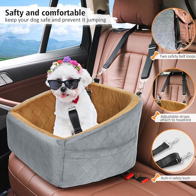 Dog Car Seat for Small Medium Dogs,Detachable Washable Dog Booster Seat Under 30lbs, Pet Car Seat Travel Bed with Storage Pockets and Dog Safety Belt(Grey/Brown)