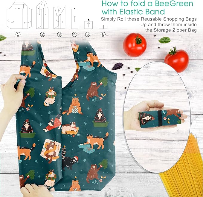 BeeGreen Christmas Cats Reusable Grocery Bags 6 Pack Cats Reusable Shopping Bags Bulk with Elastic Band Foldable-Machine Washable Christmas Gifts Tote Bags Animals Pattern