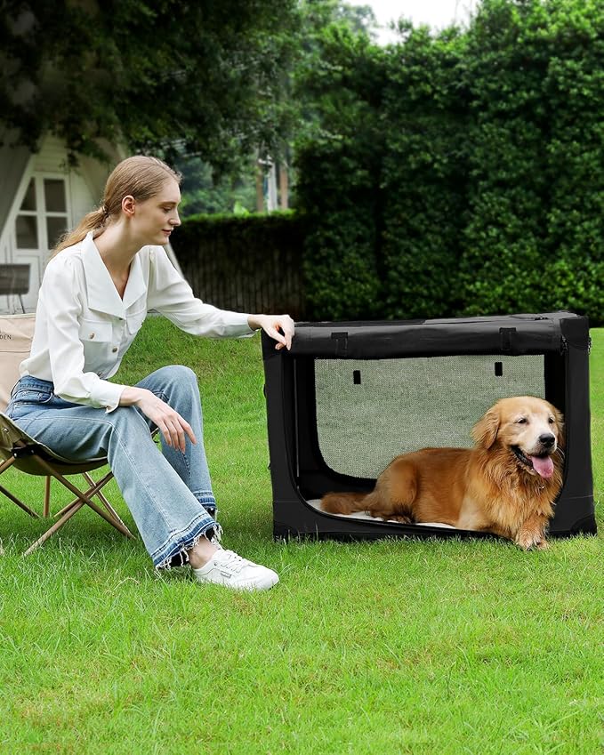 33 Inch Collapsible Travel Dog Crate for Medium Large Dogs, Portable Dog Crate 4-Door Foldable Soft Kennel with Durable Mesh Windows for Indoor & Outdoor Travel, with Storage Bag,Black