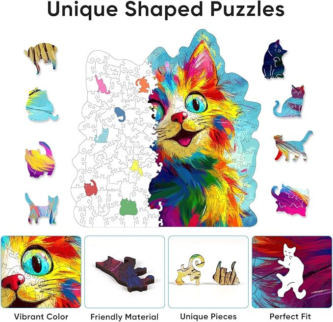 Bovearto Wooden Puzzles for Adults, 200 Pieces Cat Wooden Jigsaw Puzzles, Animal Unique Shaped Puzzle Gifts for Adults and Kids on Birthday, Thanksgiving, Family Puzzle Games (11'' x 11.4'')