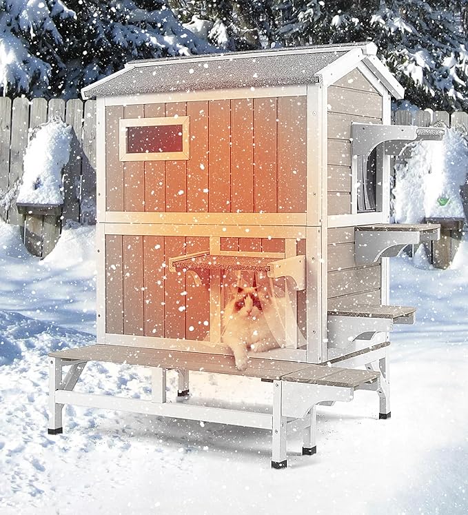 PetsCosset Outdoor Cat House Insulated Cat Houses Weatherproof Cat Shelter for 2-3 Cats with Escape Doors,Balcony,Openable Roof & Elevated Base 2 Story Wooden Warm Winter Home for Feral & Pet Cats