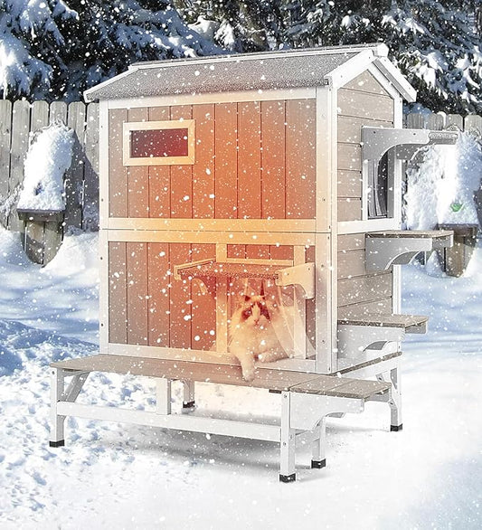 PetsCosset Outdoor Cat House Insulated Cat Houses Weatherproof Cat Shelter for 2-3 Cats with Escape Doors,Balcony,Openable Roof & Elevated Base 2 Story Wooden Warm Winter Home for Feral & Pet Cats