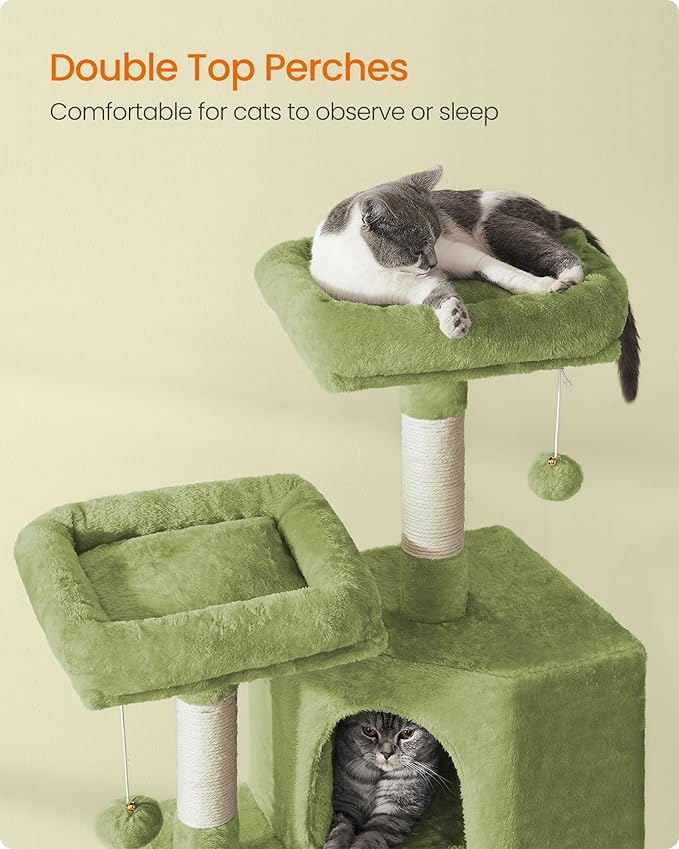 Feandrea Cat Tower, Cat Tree for Indoor Cats, 45.3-Inch Cat Condo with Scratching Post, Ramp, Perch, Spacious Cat Cave, for Kittens, Elderly Cats, Adult Cats, Small Space, Grass Green UPCT141C01