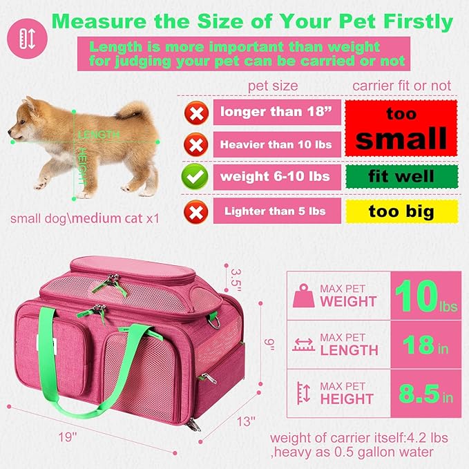 19x13x9 TSA Approved top Expandable pet Carrier for Small Dog Puppy cat up to 10 lbs Weight and 18'' Length, for Southwest Spirit Canada Airlines(Pink)