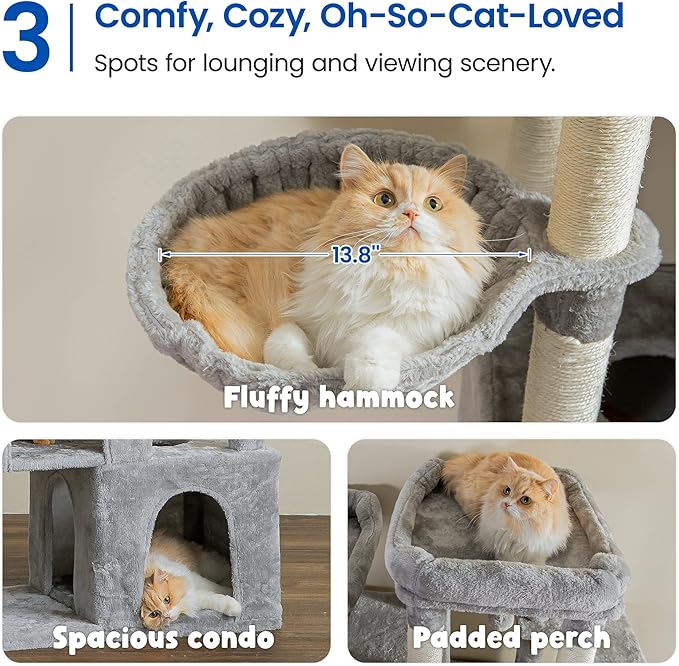 MWPO Extra Large Cat Tree - 70.1-Inch Tall Cat Tower with 3 Cat Condos, Multi-Level Cat Stand for Large Cats Featuring Scratching Posts, Padded Perches, Hammock, Dangling Toys, Light Grey