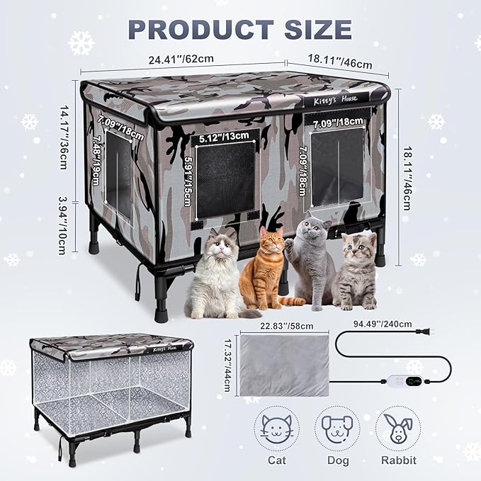 Heated Cat House for Outside in Winter, Weatherproof Insulated Outdoor Cat House with 2 Door & Elevated Base & Rain Coat, Feral Cat Shelter for Stray Cat (24"x18"x18")