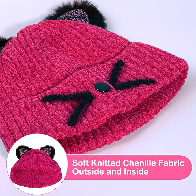 Kids Girls Cat Ear Hat Winter Warm Knit Beanie Cute Ski Skull Cap for Ages 7-12