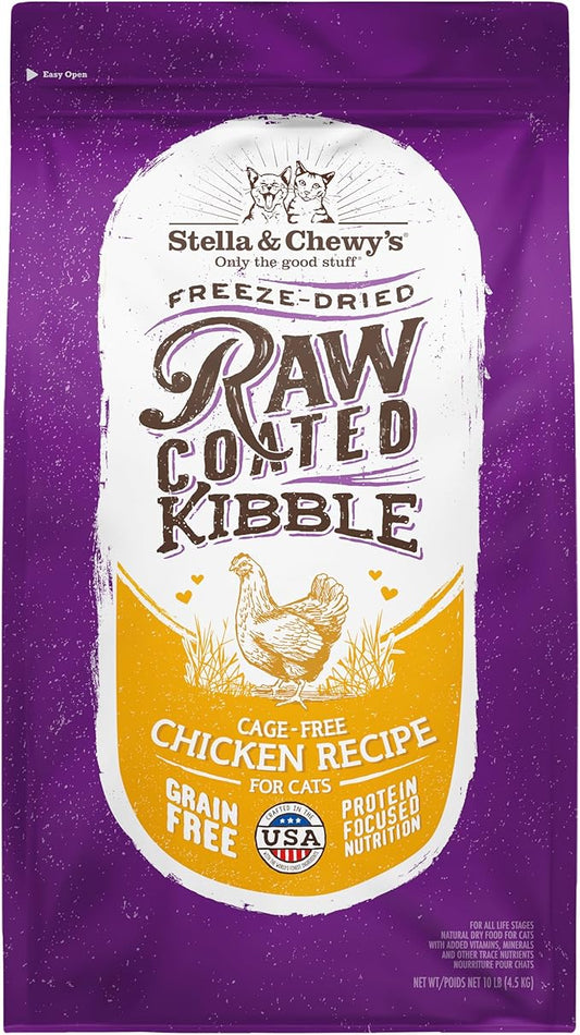 Stella & Chewy's Raw Coated Cat Food - High Protein, Grain-Free Kibble with Cage-Free Chicken - Premium Digestive Support with Probiotics - Natural Small Kibble - Perfect For Picky Eaters - 10 lb Bag