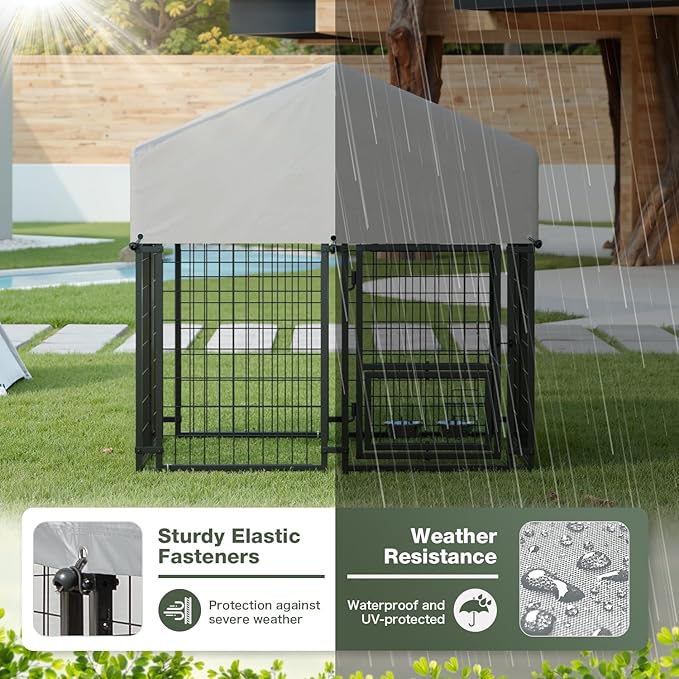 Greesum Large Outdoor Dog Kennel, Heavy Duty Welded Wire Steel Dog Playpen Fence with Secure Lock/UV-Resistant Waterproof Roof Cover/Rotaing Feeder Bowls, for Small/Medium/Large Dogs, L