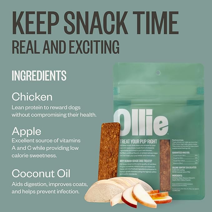 Ollie Chicken and Apple Jerky Dog Treats, 5 oz Pack of 1, All Natural, Healthy Snacks, Made with Real Meat, Human Grade, for Dogs