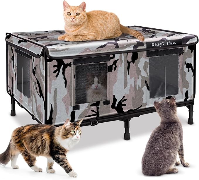 Outdoor Cat House - Weatherproof Outdoor Cat Shelter with 2 Doors & Rain Cover, Waterproof Cat House for Feral Cats & Stray Pets (32"x22"x18") - Unheated