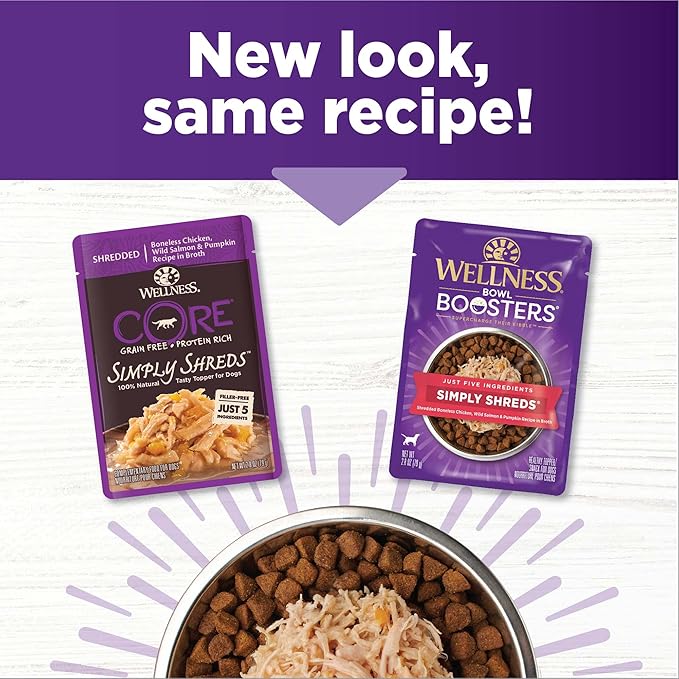 Wellness Bowl Boosters Simply Shreds Wet Dog Food Topper for Small, Medium, & Large Breeds, Grain Free, Natural, Wild Salmon & Pumpkin, 2.8 Ounce Pouch (Pack of 12)