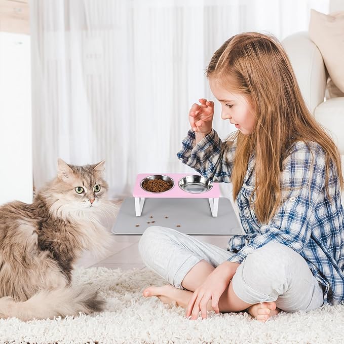 Upgraded Elevated Cat Bowls with Food Mat,15°Tilted Stand Anti Vomiting Raised Cat Dishes for Food and Water,2 Stainless Steel Bowls for Cats and Puppy（Pink）