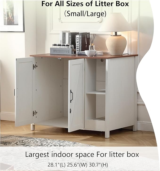 Large Cat Litter Enclosure with Litter Collector, Enclosure for self-Cleaning Litter Boxes,Adjustable Shelf for Dog Proof,Charging Station,Locks Added for cat,Cat House,Antique White