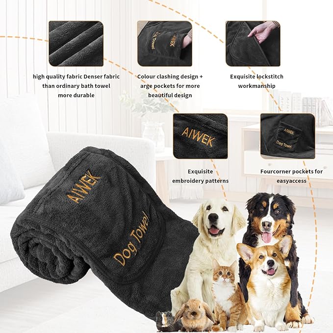 Super Absorbent Microfiber Dog Towels - Soft Pet Grooming Towel for Drying & Bathing Large, Medium or Small Dogs - 42.5" x 27.5" Perfect for Pet Shower & Pet Supplies! Grey