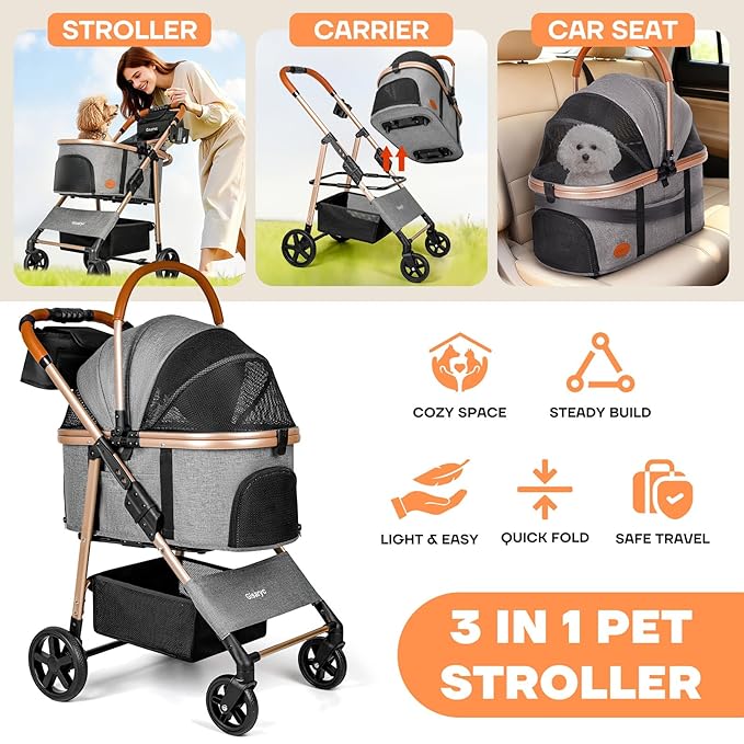 Dog Cat Stroller for Small/Medium Pets up to 50 lbs, 3-in-1 Foldable Pet Stroller with Detachable Carrier, Car Seat, Storage Basket, Cup Holder, Hanging Bag, Rain Cover, All-Terrain 4 Wheels (Grey)