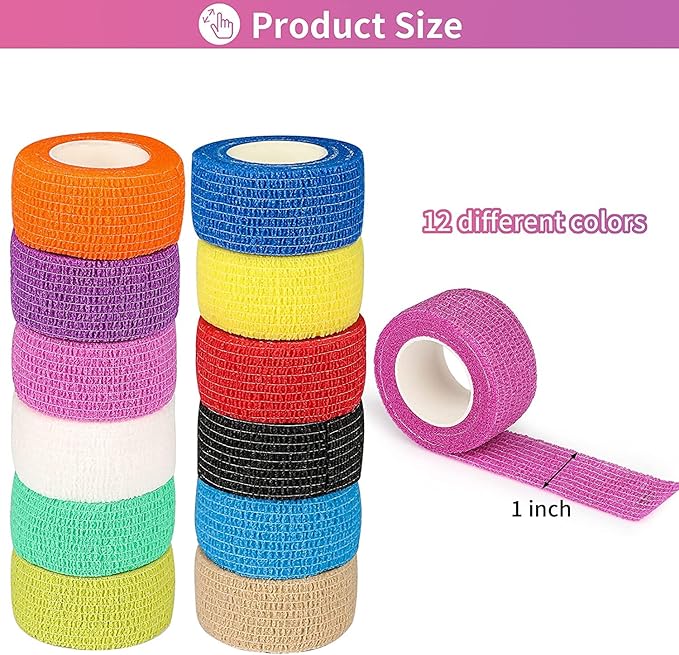 12Pack 1” x 5 Yards Self Adhesive Bandage Wrap, Elastic Self Breathable Self Adherent Wrap for Pets, Athletic Cohesive Bandage for First Aid, Sports Injury & Protection, 12Color
