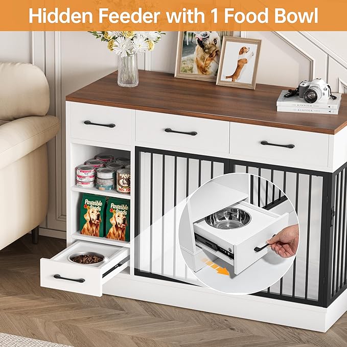 Large Dog Crate Furniture, 47.2'' Dog Kennel Indoor with 3 Storage Drawers and Hidden Feeding Bowl, Sturdy Wooden Dog Crate with 2 Doors and Adjustable Shelf for Small, Medium Dogs