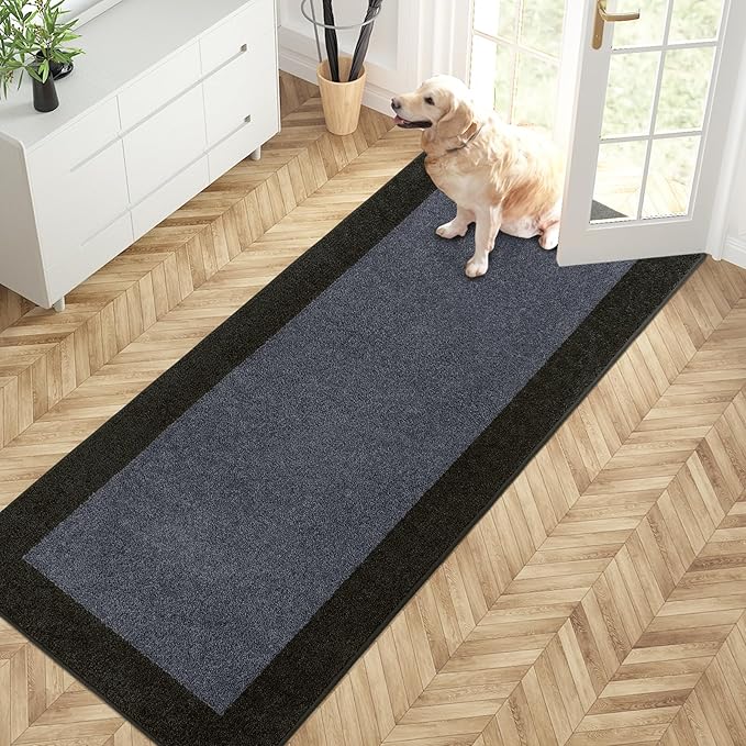PURRUGS Dirt Trapping Door Mat 32" x 72", Non-Slip/Skid Machine Washable Entryway Rug, Shoes Scraper, Throw Rug, Super Absorbent Area Rug for Muddy Wet Shoes and Paws, Bluish Grey & Charcoal