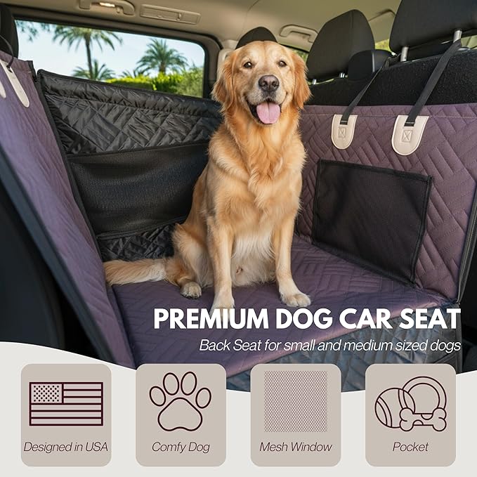 Premium Dog Car Seat & Back Seat – Waterproof & Non-Slip Travel Hammock with Storage Pockets | Secure & Comfortable Pet Seat Cover for Medium Dogs – Fits Cars, SUVs & Trucks (Brown)