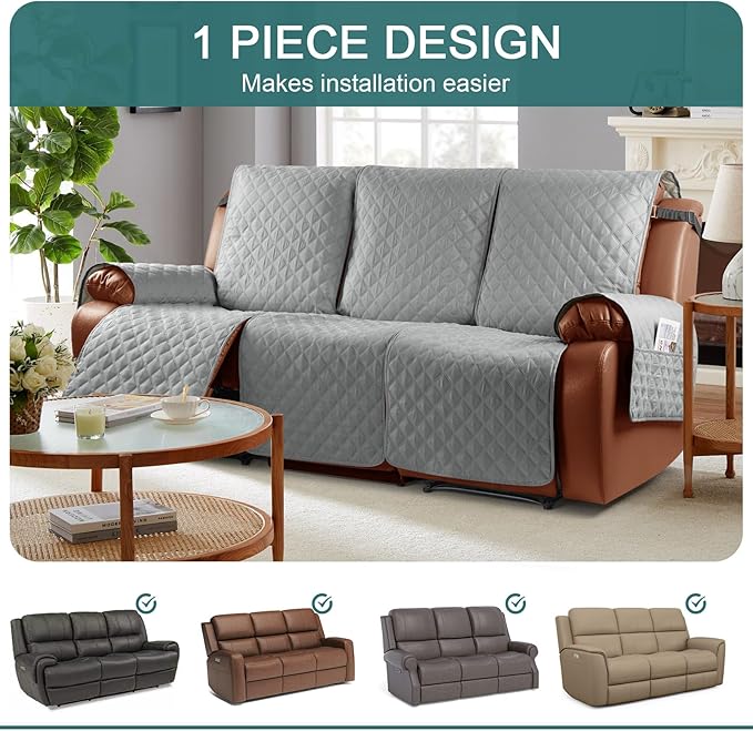 Ruaozz Waterproof Recliner Sofa Cover 1-Piece Couch Covers for Reclining Couches Reclining Sofa Cover Washable Furniture Protector with Elastic Straps Pocket for Kids, Pets (Light Grey, 3 Seater)