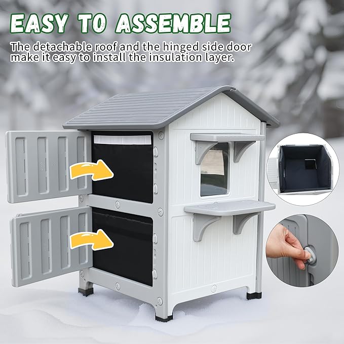 Insulated Outdoor Cat Houses - Waterproof 2 Story Cat House for Outside with Escape Door for Winter，Elevated Outdoor Cat House for Feral Stray Barn Cat Kitty