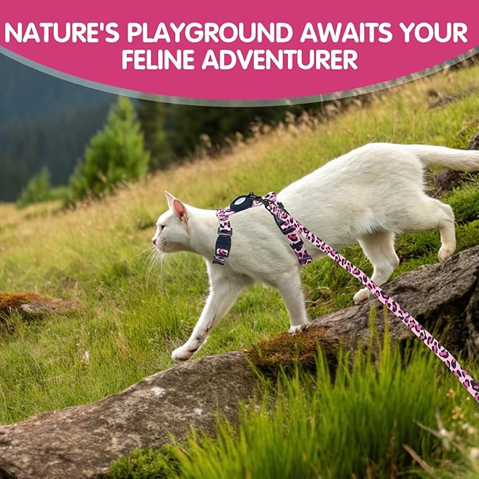 BINGPET Cat Harness and Leash Set Escape Proof for Walking,Adjustable Kitten Harness with Airtag Holder for Small Medium Large Cats (Pink Leopard Print,Neck:8"-12",Chest:12.5"-18")