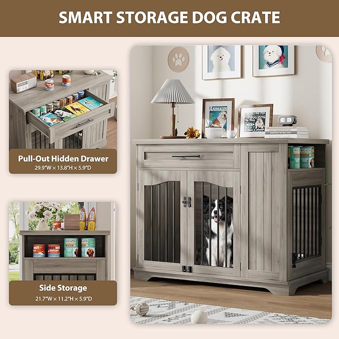 Furniture Style Dog Crate for Large Dogs, 44 Inch Heavy Duty Wooden Dog Kennel Furniture with Drawer & Side Storage and Bulit-in Feeding Station,Grey