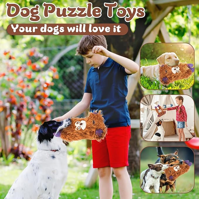 Interactive Monster Dog Chew Toys to Keep Them Busy – Enrichment Squeaky Treat Dispensing Chew Dog Toys for Boredom and Stimulating, Tough Plush Dog Toy for Large Medium Dogs (B-Brown)