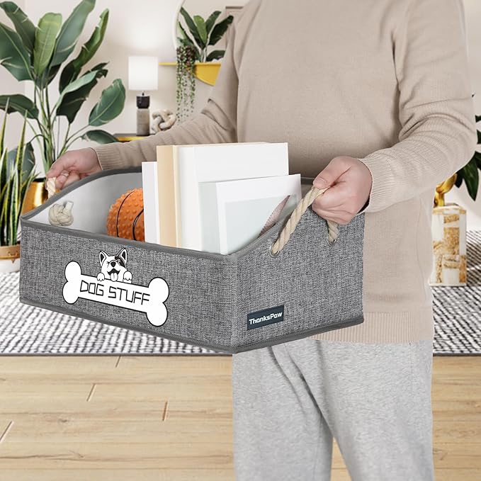 Collapsible Fabric Dog Toy Box and Storage Bin With Handle - Trapezoid Basket Chest Organizer for Pet Toys, Blankets and Accessories,Light Grey