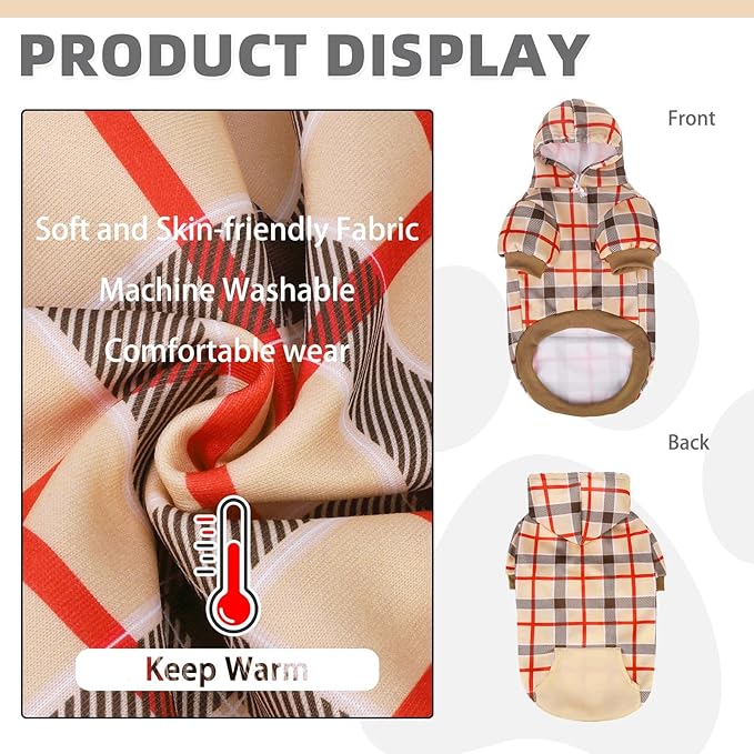 KOOLTAIL Plaid Dog Hoodie for Small Medium Large Dogs - Pet Clothes Sweater with Hat and Pocket for Cold Weather Winter, Warm Soft Dog Hooded Sweatshirt Coat Outfit for Puppy Cats Girls Boys Beige S