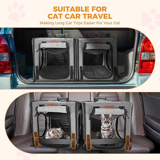 PETUX 2-in-1 Double Cat Carrier for Multiple Cats - 34"x17"x17", Portable, Foldable, Large Cat Travel Carrier with Litter Box, Play Tunnels and Hammock for Car Travel ＆ Vet Visit - Grey