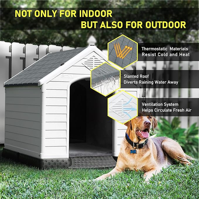 LEMBERI Durable Waterproof Plastic Dog House for Small to Large Sized Dogs, Indoor Outdoor Doghouse Insulated Puppy Shelter with Elevated Floor, Easy to Assemble (Gray with Liner, 42''L*38''W*39''H)