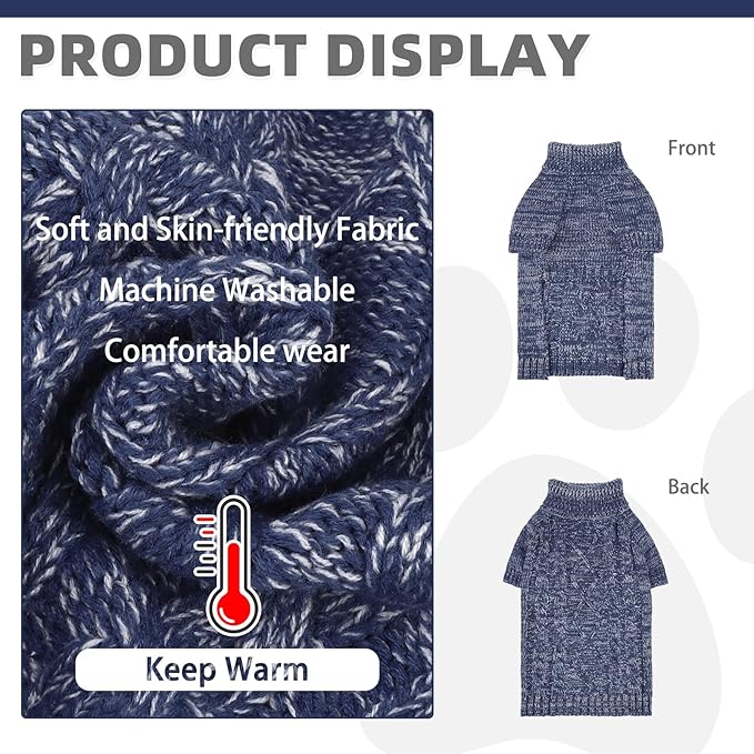 KOOLTAIL Dog Sweater for Large Medium Small Dogs, Fall Dog Sweaters, Turtleneck Cable Knitwear Pet Cold Weather Coats with Leash Hole, Warm Winter Pullover Clothes for Bulldog, Yorkie,Boy Girl,Navy SM