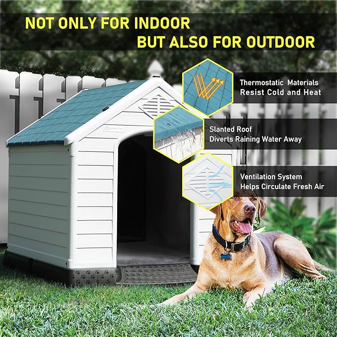 LEMBERI Durable Waterproof Plastic Dog House for Small to Large Sized Dogs, Indoor Outdoor Doghouse Insulated Puppy Shelter with Elevated Floor, Easy to Assemble (Blue with Liner, 42''L*38''W*39''H)