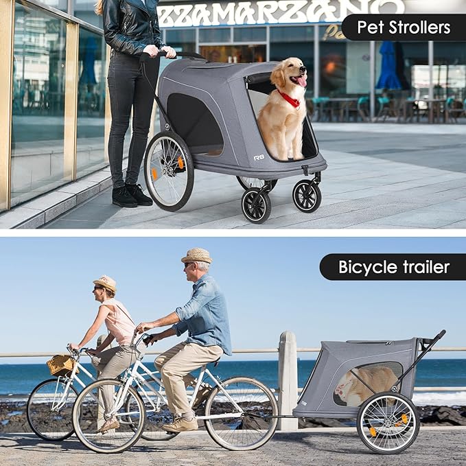 R8 Pro Extra Large Foldable Pet Stroller, Dog Stroller & Pet Trailer for Large Dogs Under 100 lbs, Unmovable, Disabled & Pregnant Dogs - Conveniently Carriable by Bike and Car, Grey
