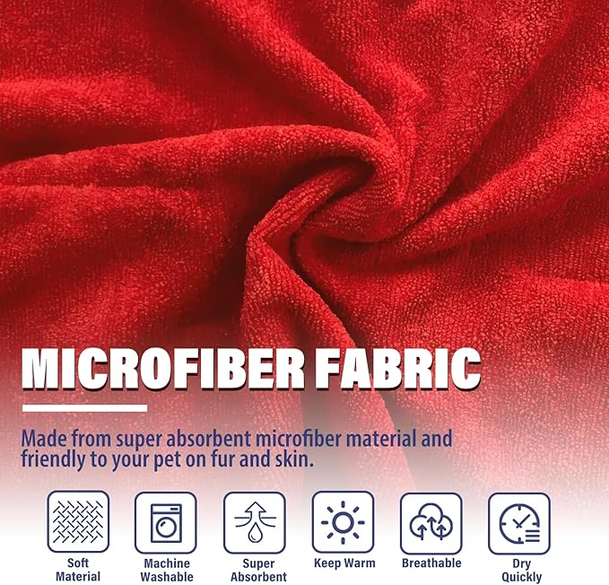 Dog Drying Coat - Fast Drying Dog Towel Robe - Microfiber Super Absorbent Pet Bathrobe, Adjustable Collar & Belly Strap Fast Drying Bath Robe Towel (Large, Red)