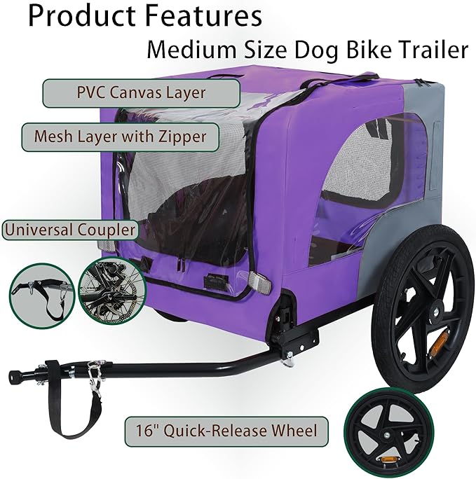 Collapsible Dog Bike Trailer for Small & Medium Pets - 16" All-Terrain Wheels, Universal Hitch, Quick Release & Non-Slip Floor - Internal Leash, Bicycle Accessories