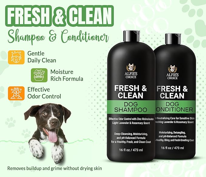 Fresh & Clean Dog Shampoo and Conditioner Set - Deodorizing Odor Control Wash with Lavender & Rosemary - Deep Cleansing Moisturizing Formula for Smelly Dogs -16 fl oz Each by Alfie’S Choice