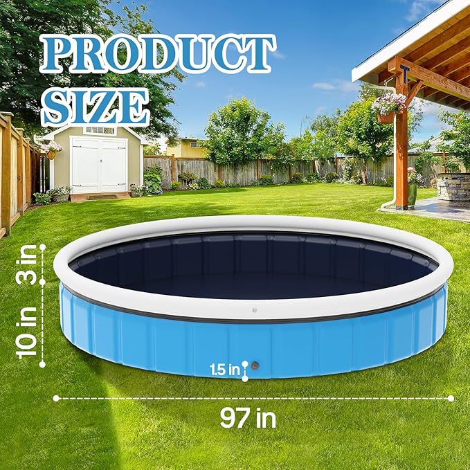 97in Extra Large Foldable Dog Pool, Big Portable Hard Plastic Swimming Pool for Kids, Dogs and Pets Collapsible Dog Bath Tub for Outdoor Backyard, 97" x 13"