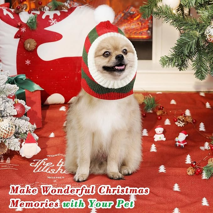 Pawaboo Christmas Pet Hat, Funny Knitted Pets Cap with Pompon, Cute Crocheted Snood Winter Warm Pet Hat, Neck Ear Warmer Hood Warm Scarf Xmas Decoration Santa Hats for Small Dogs, S, Red+Green
