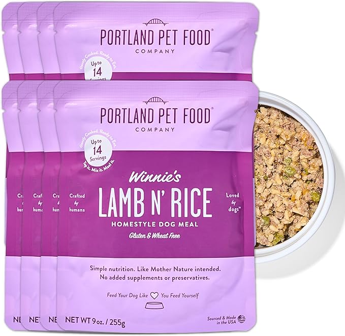 Portland Pet Food Company Fresh Dog Food Pouches - Human-Grade Toppers Wet Pet Meal & Mixers - Gluten-Free Limited Ingredient Winnie's Lamb N' Rice - Large & Small Breed Puppy & Senior Dogs - 8 Pack