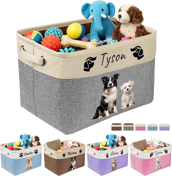 Personalized Dog Toy Storage Basket Custom Dog Name Photo Cat Pet's Gift Baskets Collapsible Organizer Box Foldable Storage Basket with Handle for Toys, Coats, Clothing, Blankets, Grey
