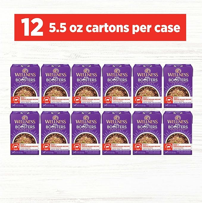 Wellness Bowl Boosters Hearty Toppers, Wet Dog Food Topper for Small, Medium, & Large Breeds, Grain Free, Natural, Beef & Green Beans in Broth, 5.5 Ounce Pouch (Pack of 12)