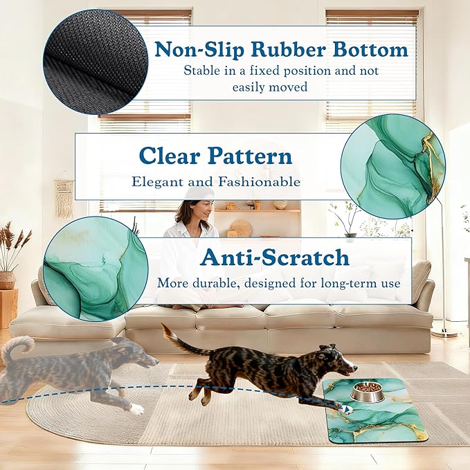 Green Marble Pet Feeding Mat for Floors–Absorbent Quick Dry Dog Cat Bowl Mat for Food and Water, Non Slip Waterproof Base, Mess-Free Feeding Accessories 12"x20"