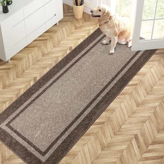 PURRUGS Dirt Trapping Door Mat 24" x 70", Non-Slip/Skid Machine Washable Entryway Rug, Shoes Scraper, Area Rug, Super Absorbent Welcome Mat for Muddy Wet Shoes and Paws, Beige & Grayish Brown